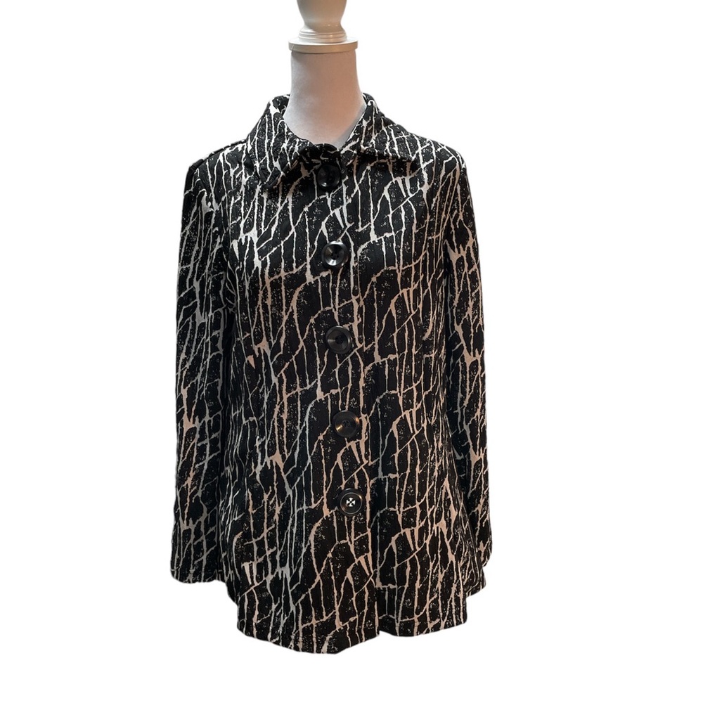Onque Black & White Print Button Front Long Sleeve Collar Side Pockets Jacket PS